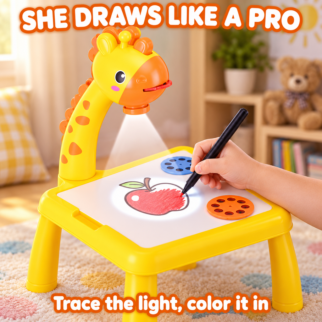 Child tracing a projected apple on the drawing projector table