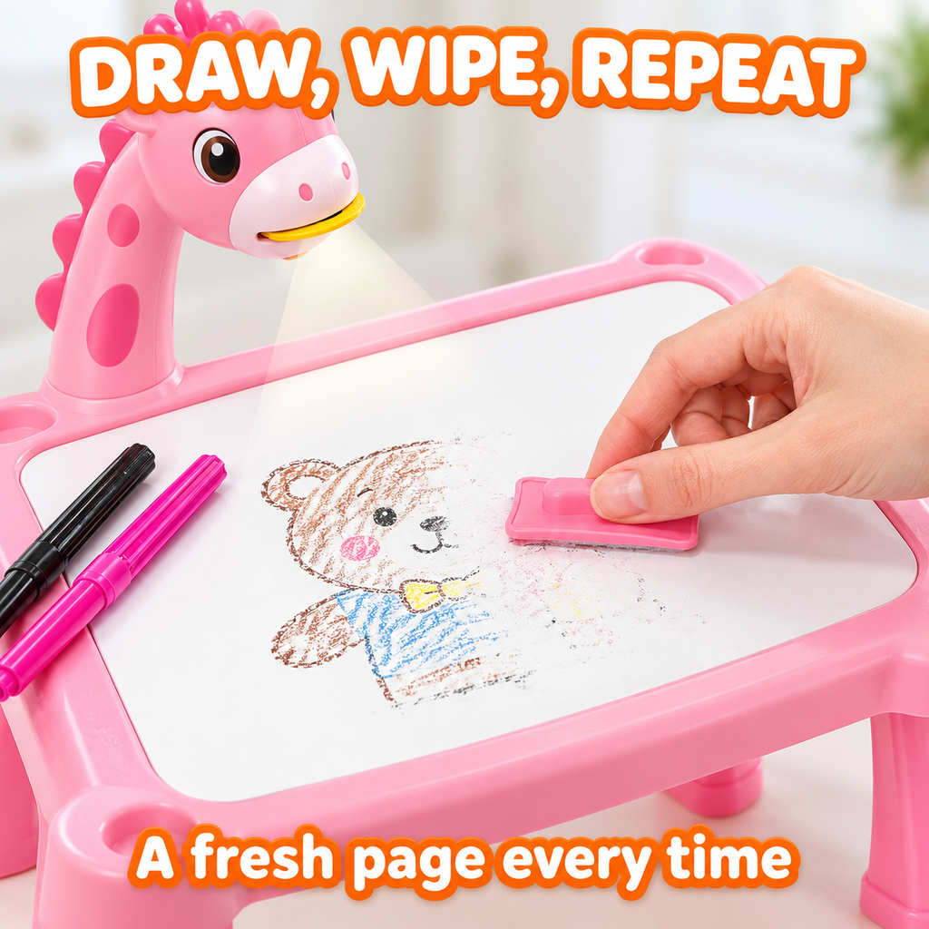 Wiping a drawing off the wipe-clean board of the projector table