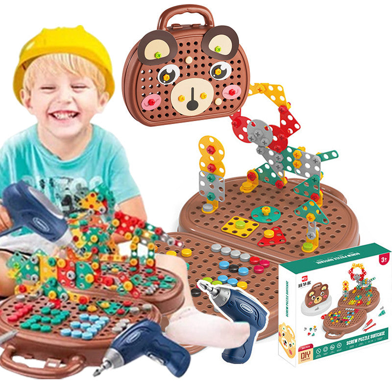 Drill Construction Toy Set with Electric Screwdriver and Mosaic Puzzle, Brown