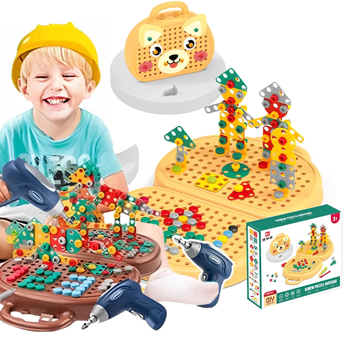 Drill Construction Toy Set with Electric Screwdriver and Mosaic Puzzle, Yellow