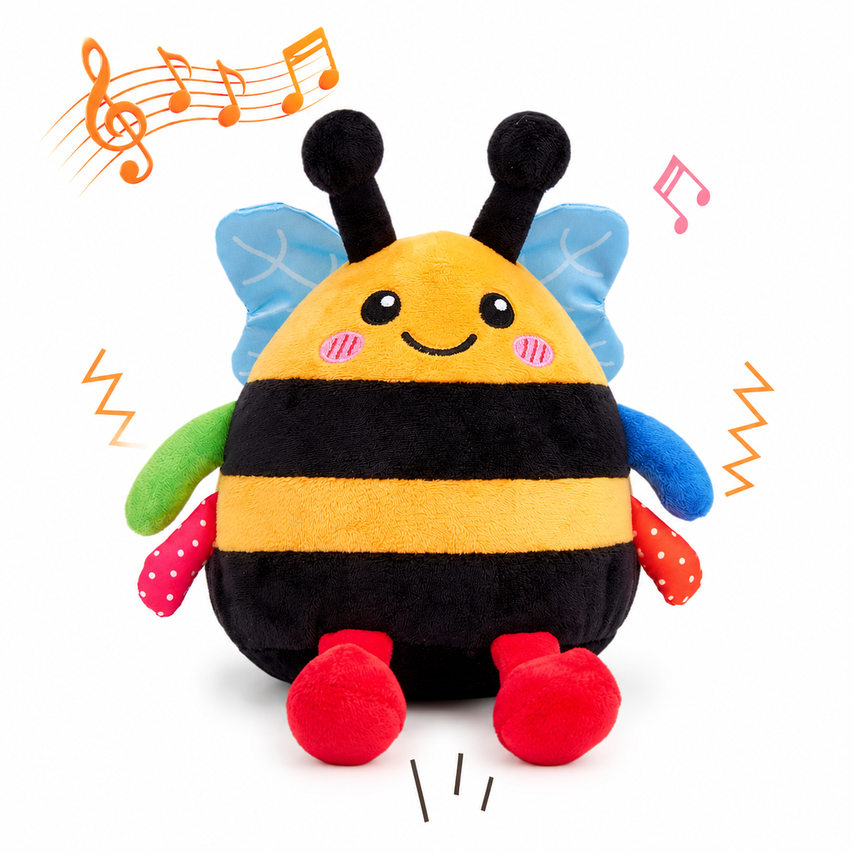 The yellow and black bee bouncing plush toy, crinkle wings and red feet, on white