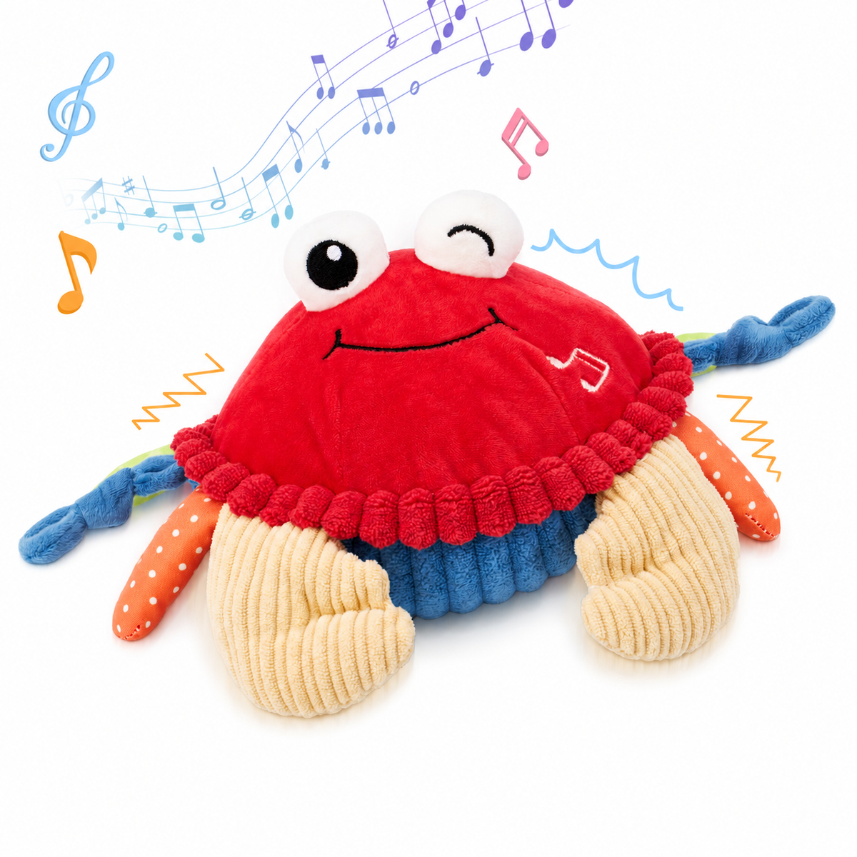 The red crab bouncing plush toy, corduroy claws and embroidered face, on white