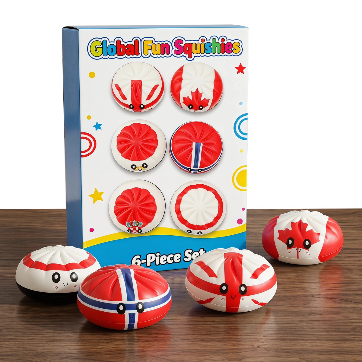 Flag Squishies box with four squishies on a wooden table