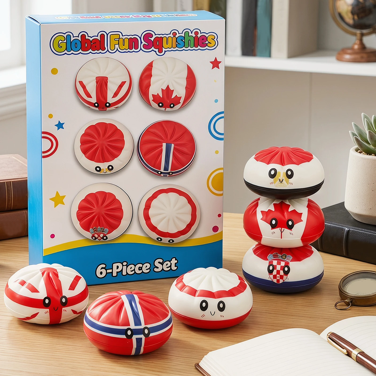 Flag Squishies box with squishies stacked on a desk