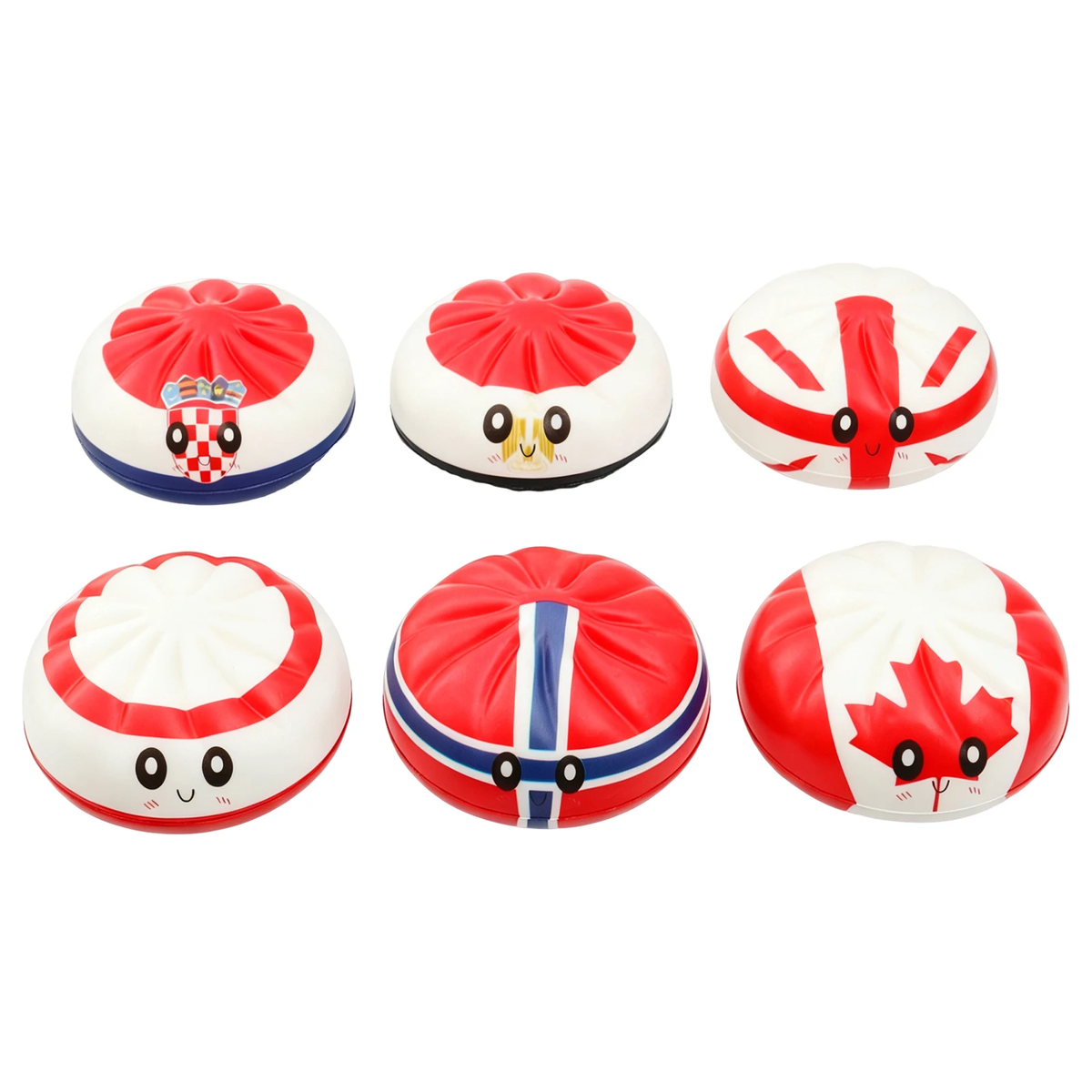 The six Set A flag squishies seen from above