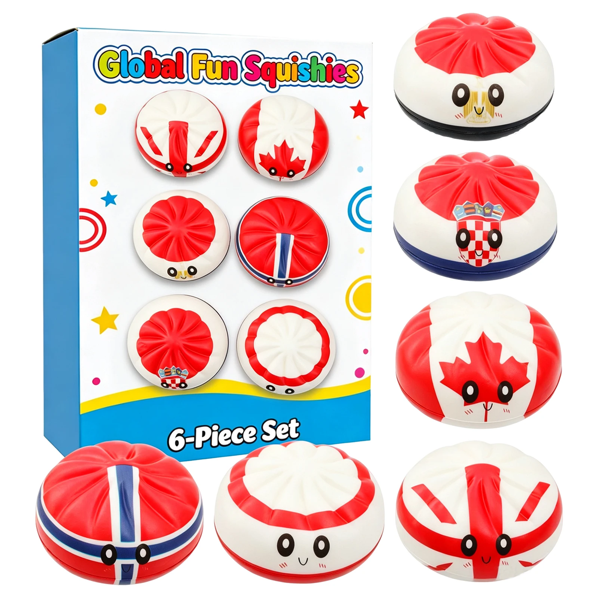 Flag Squishies Set A, printed box and six flag squishies
