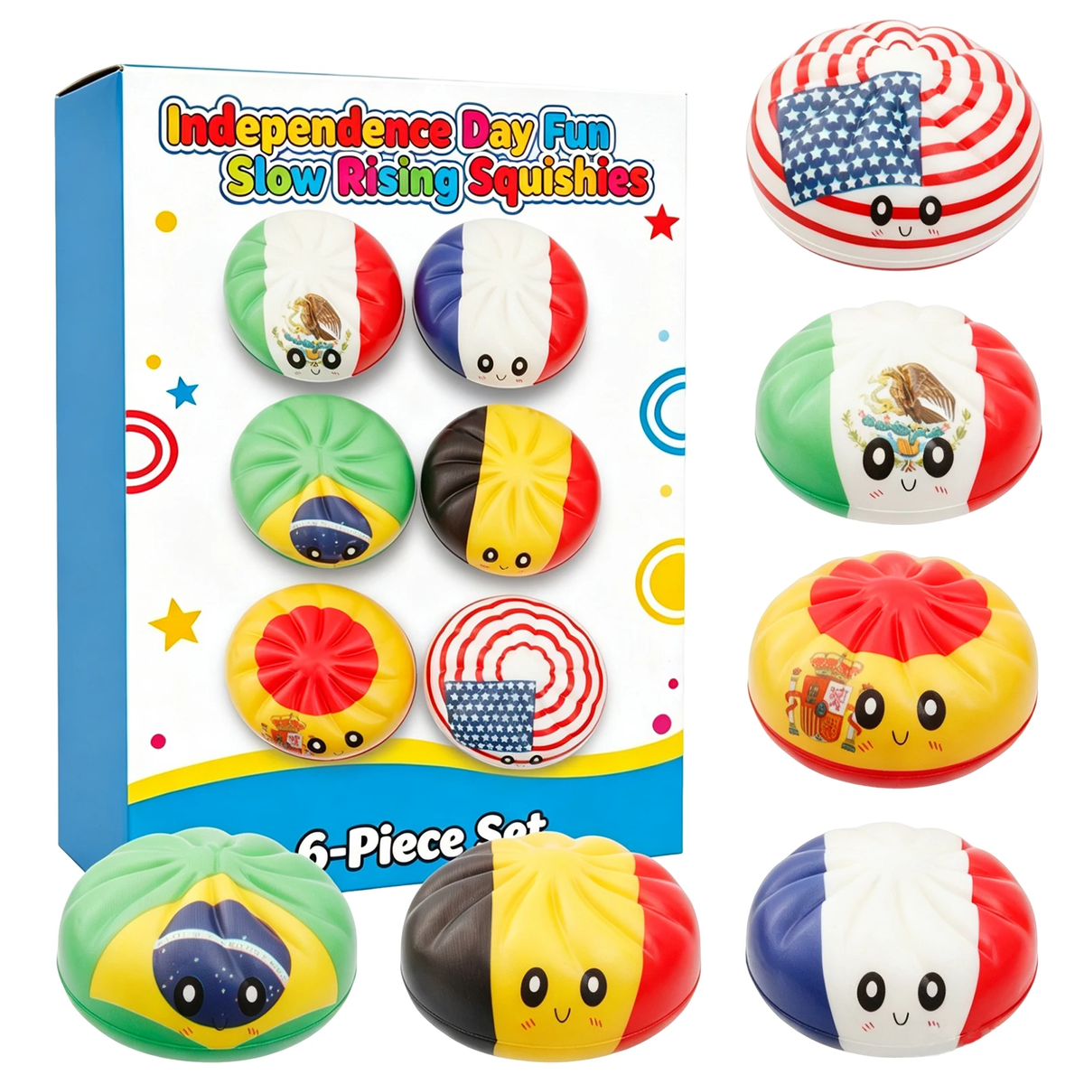 Flag Squishies Set B, printed box and six flag squishies