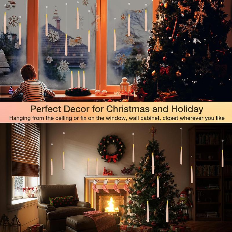 White floating candles hanging by a window beside a decorated Christmas tree