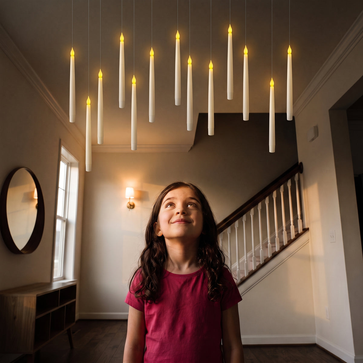White floating candles lit above a child in a hallway, hung from the ceiling