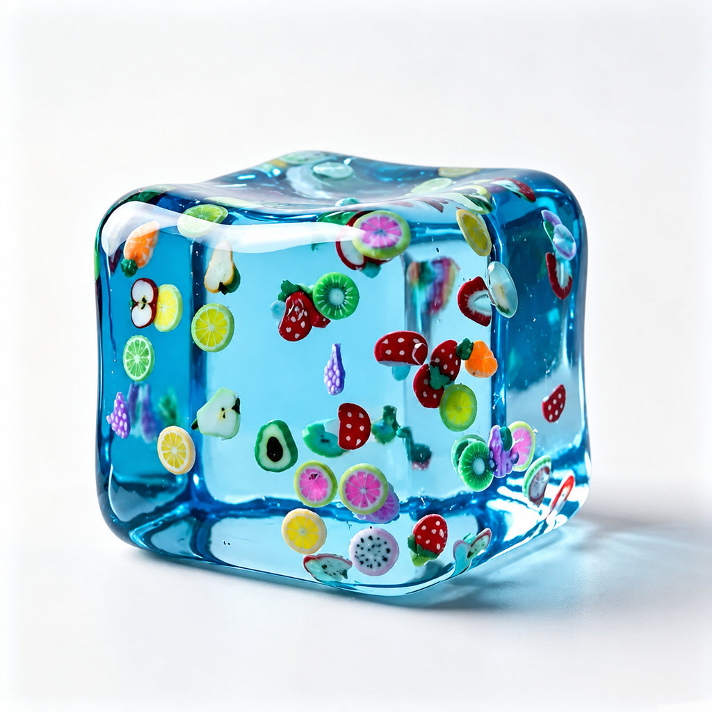 Blue fruit ice cube squishy with fruit slices inside