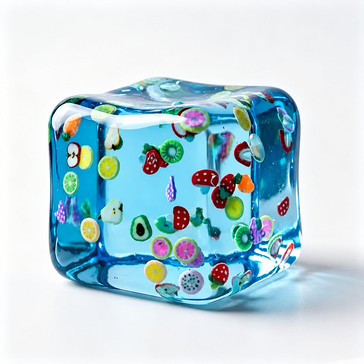 Blue fruit ice cube squishy with fruit slices inside