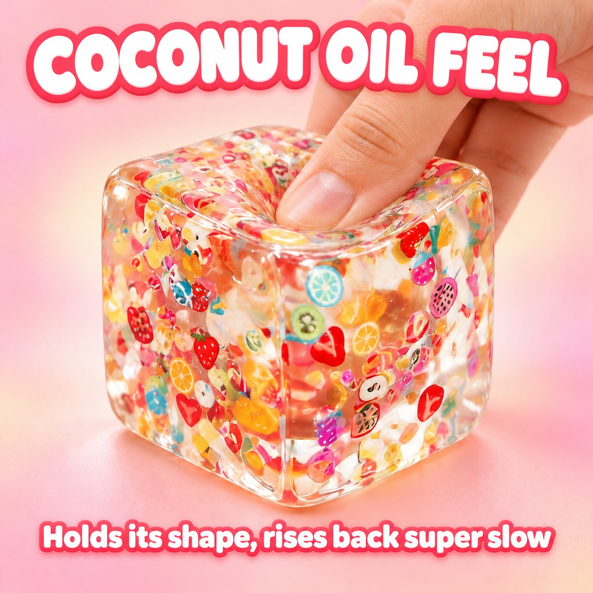 Thumb pressing a dent into the fruit ice cube squishy: coconut oil feel, holds its shape, rises back super slow