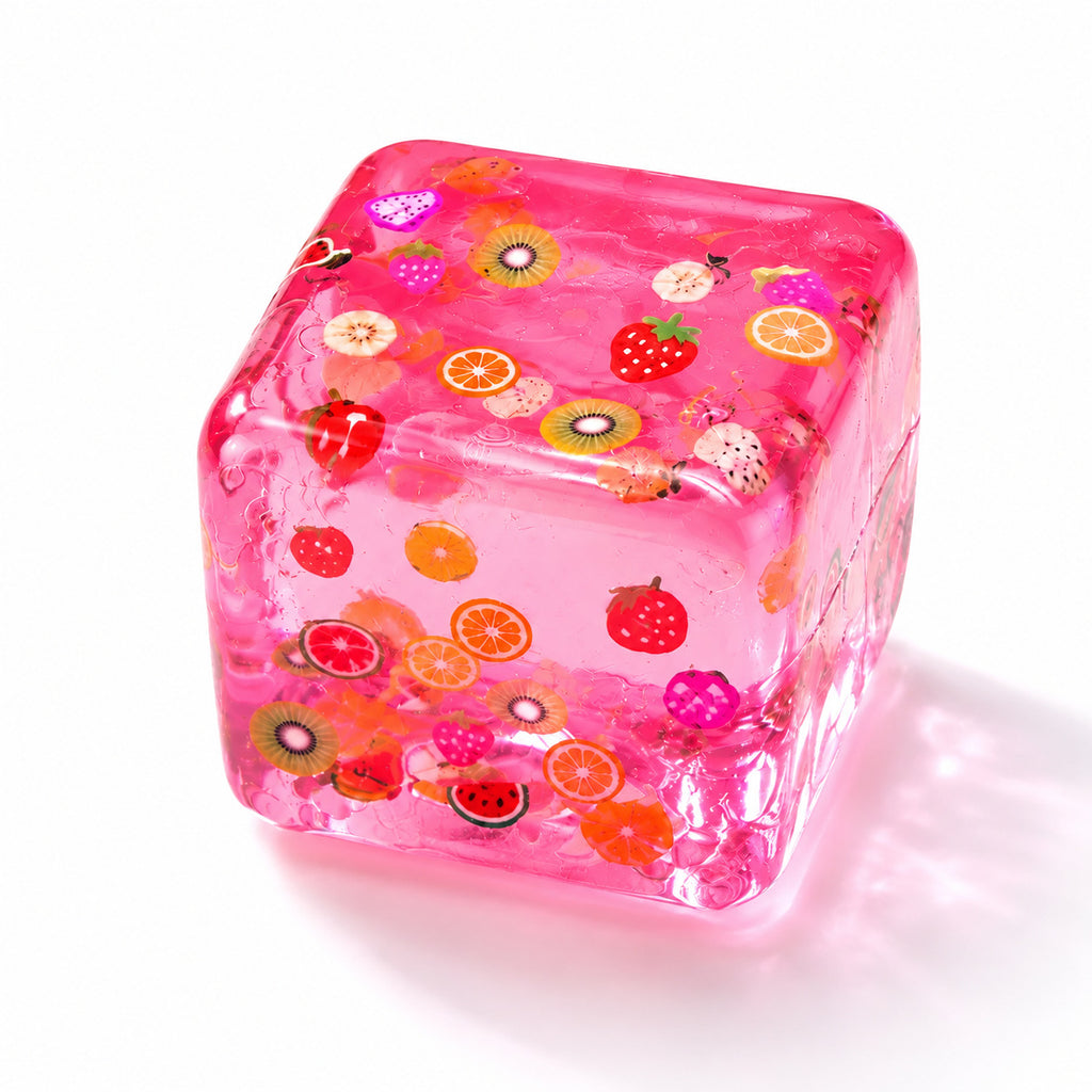 Pink fruit ice cube squishy with fruit slices inside