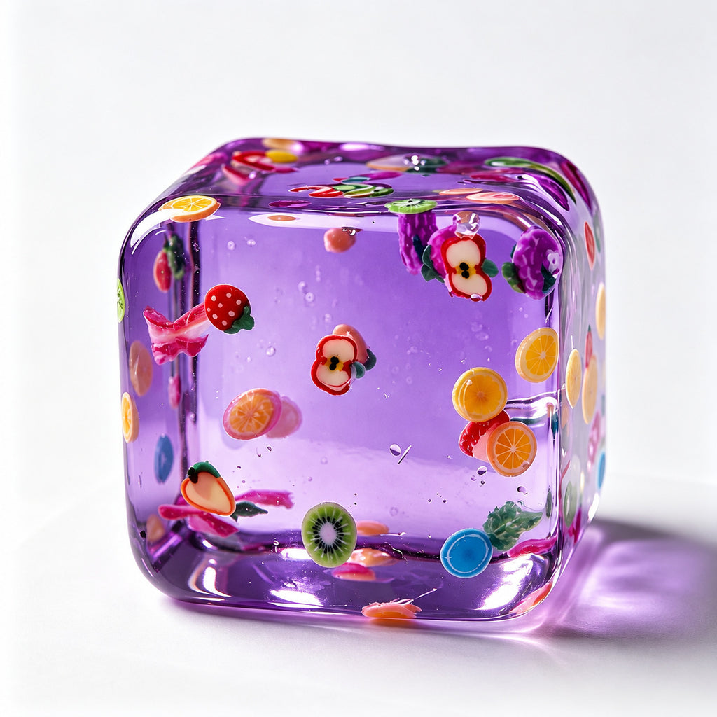Purple fruit ice cube squishy with fruit slices inside