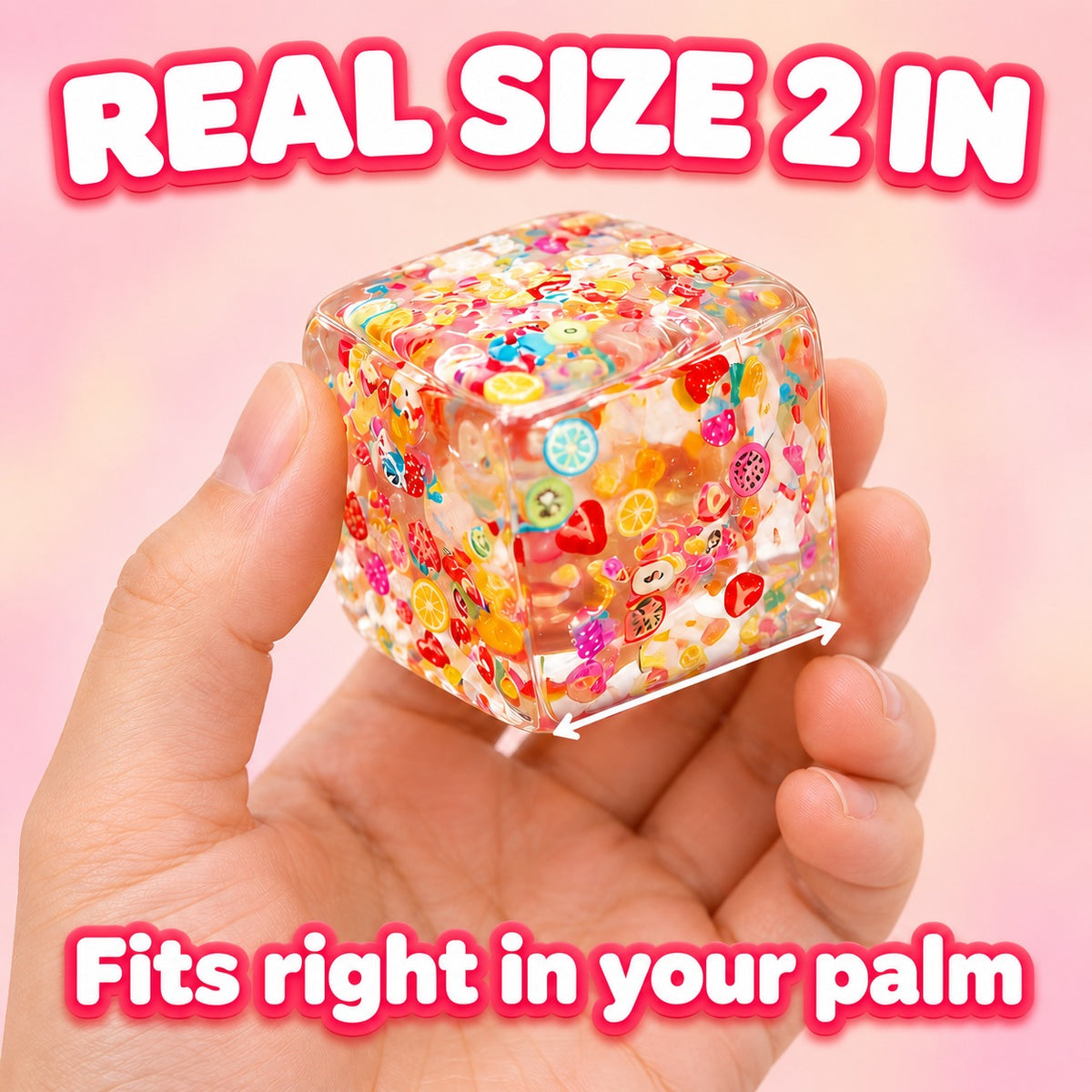 Fruit ice cube squishy held in one hand, real size 2 in, fits right in your palm