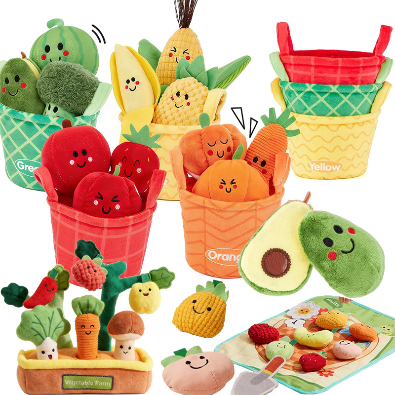 Plush fruit and veggie color sorting set with four labeled baskets