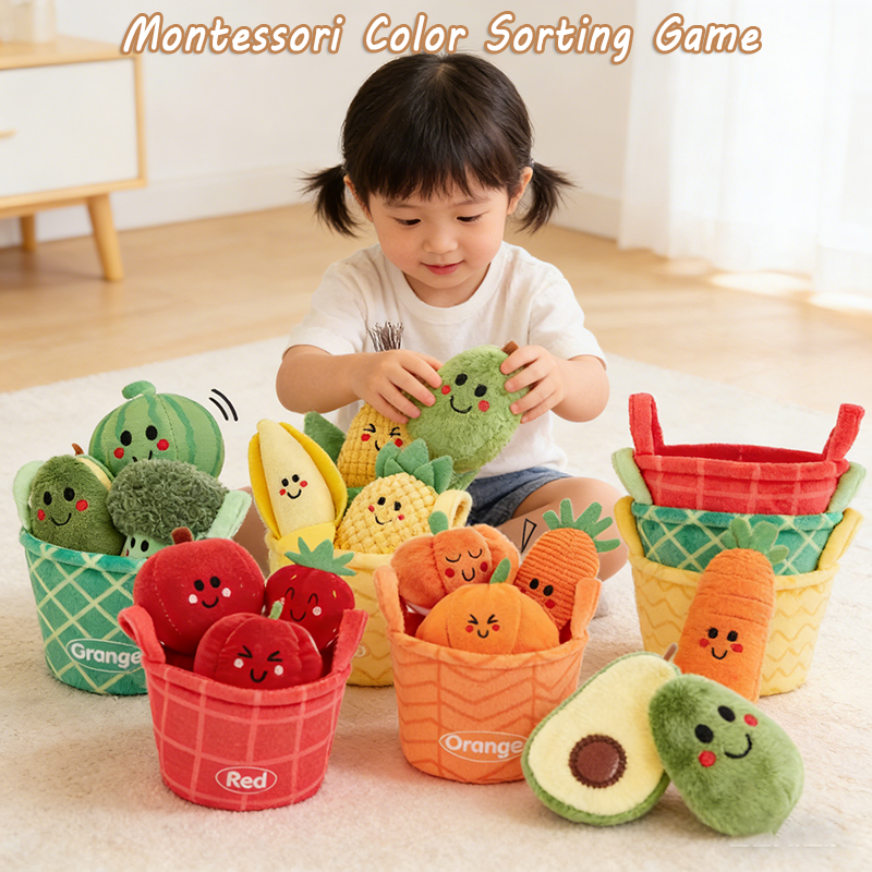Child sorting plush fruits into the color baskets on a rug