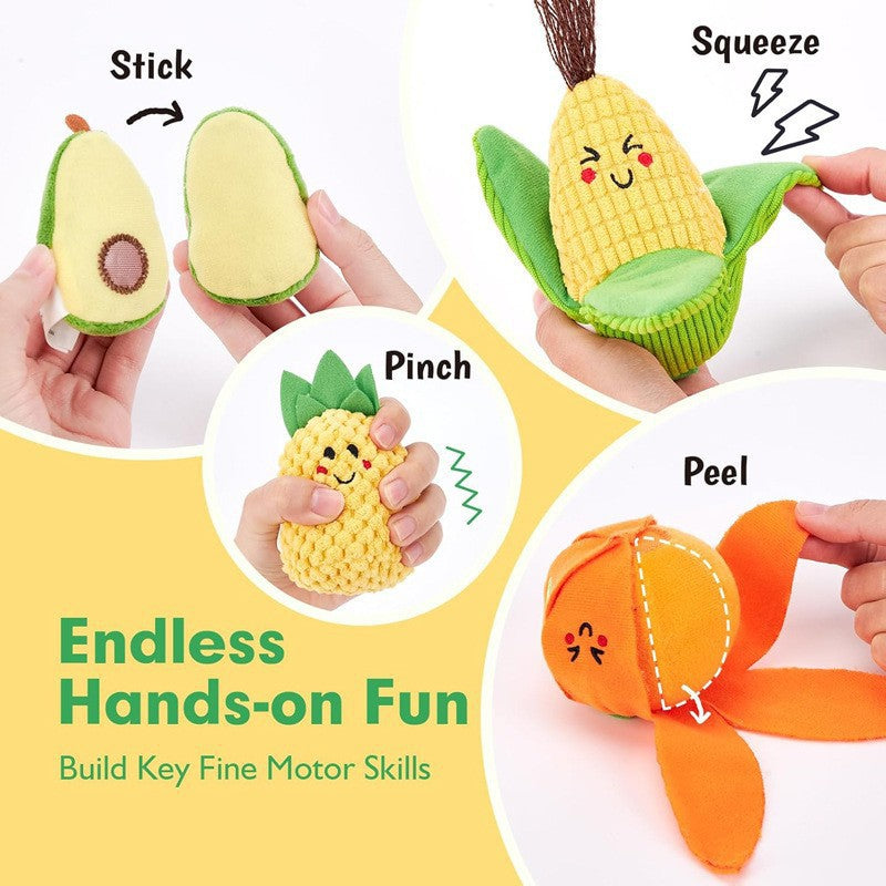 Peeling the orange, squeezing the corn and pinching the pineapple