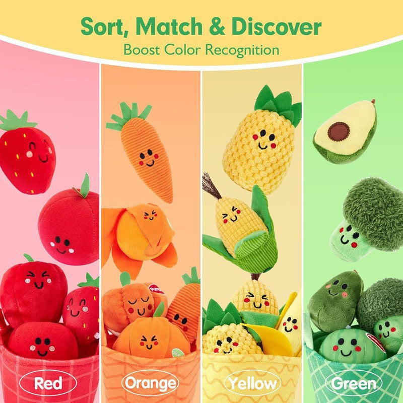 Fruits and veggies grouped by color, red orange yellow and green