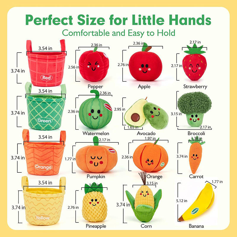 Size of each plush fruit and vegetable in inches