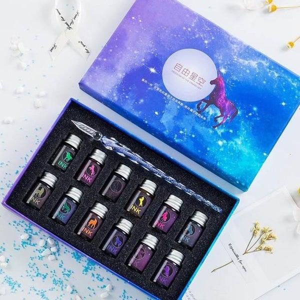 Glass Dip Pen Set with Crystal Holder and Ink, Dark Blue + 12 Inks