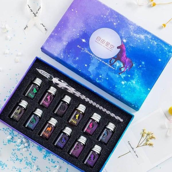 Glass Dip Pen Set with Crystal Holder and Ink, Gray + 12 Inks