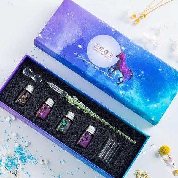 Glass Dip Pen Set with Crystal Holder and Ink, Green + 4 Inks