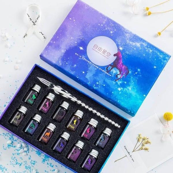 Glass Dip Pen Set with Crystal Holder and Ink, White + 12 Inks