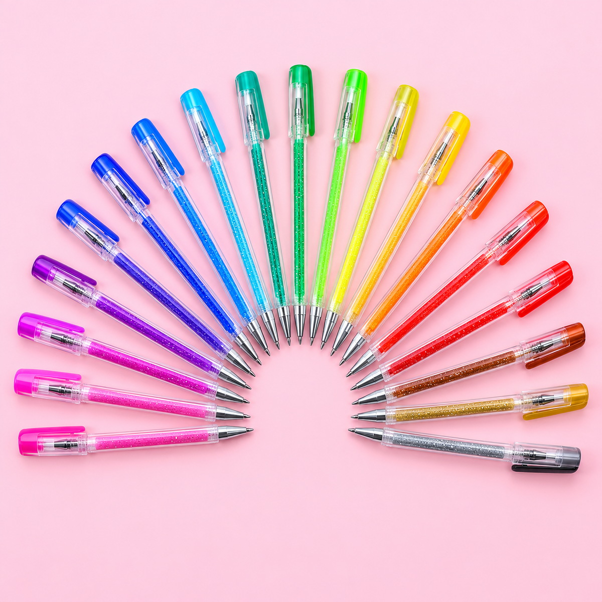 Glitter gel pens set fanned out in rainbow colors