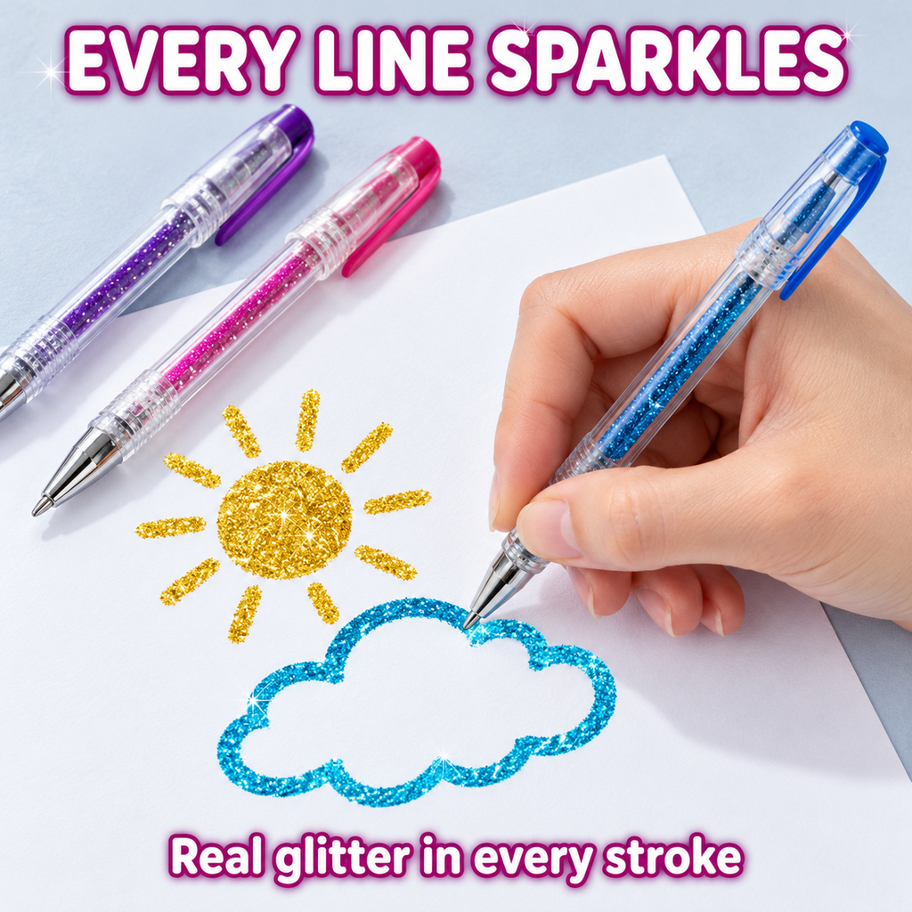 Glitter gel pen drawing a sparkly cloud and sun, every line sparkles