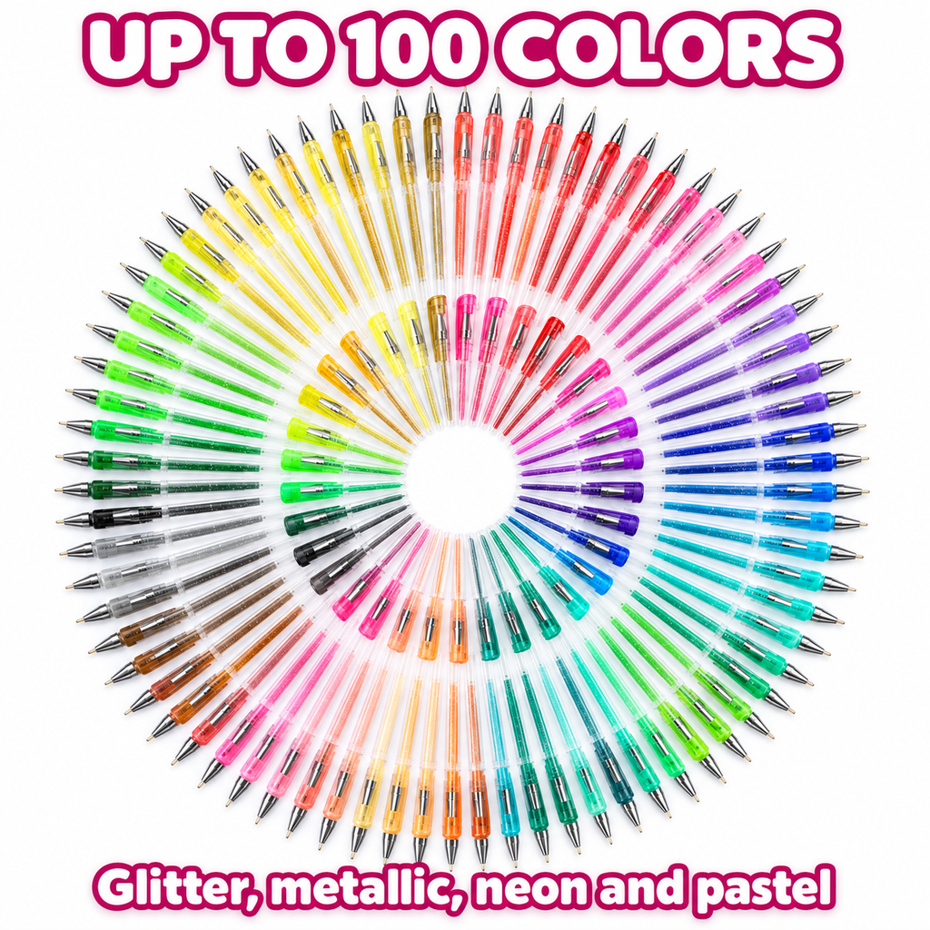 Up to 100 glitter gel pen colors: glitter, metallic, neon and pastel