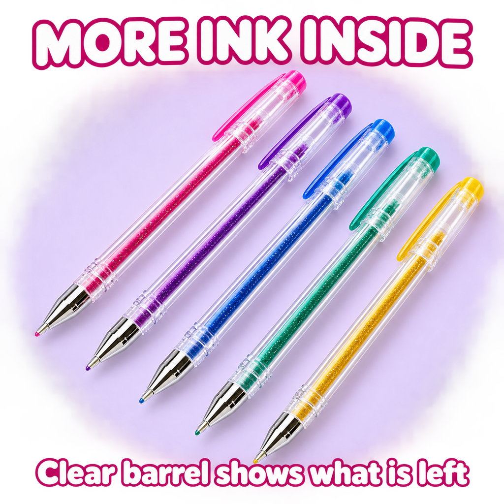 Clear barrel glitter gel pens showing the ink inside