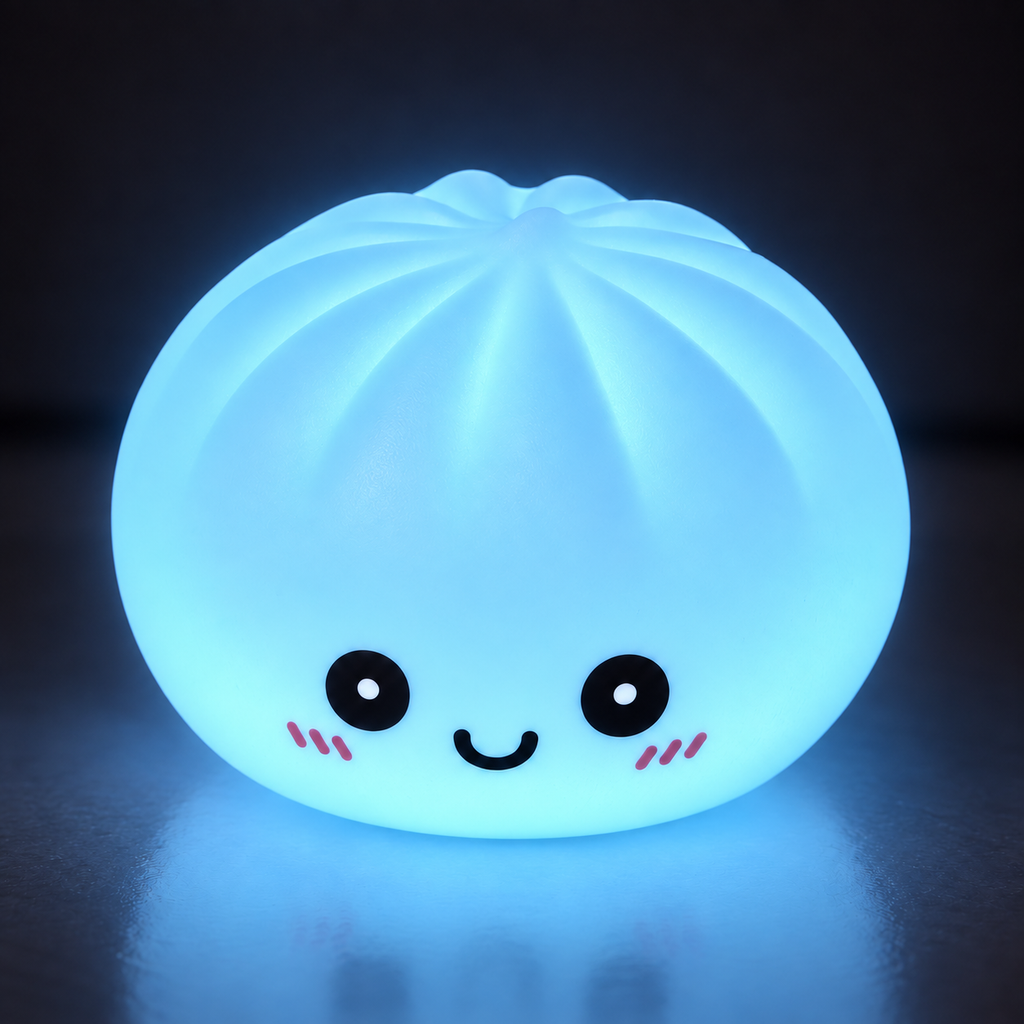 Blue glow dumpling squishy shining in a dark room