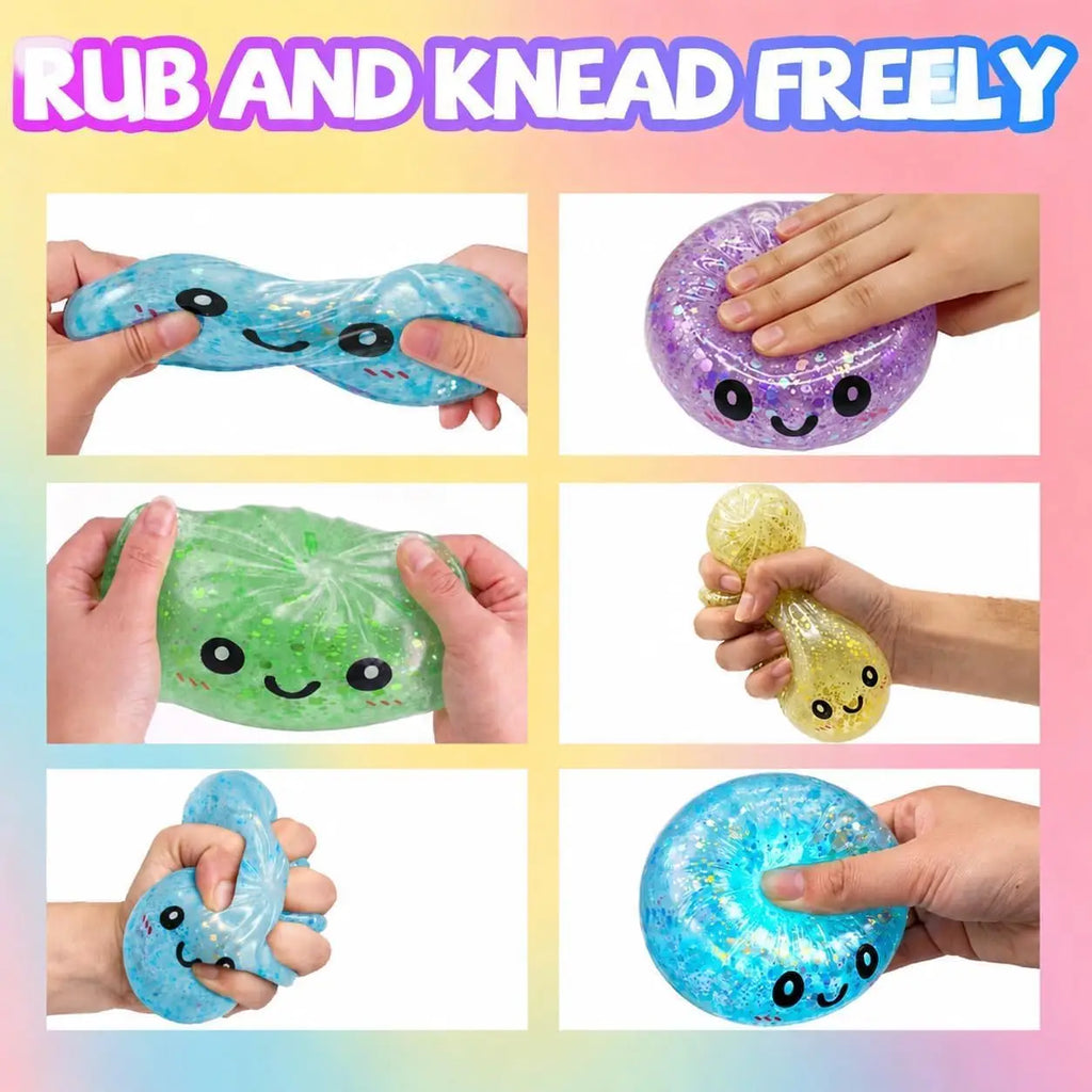 Hands stretching and squeezing a glow dumpling squishy