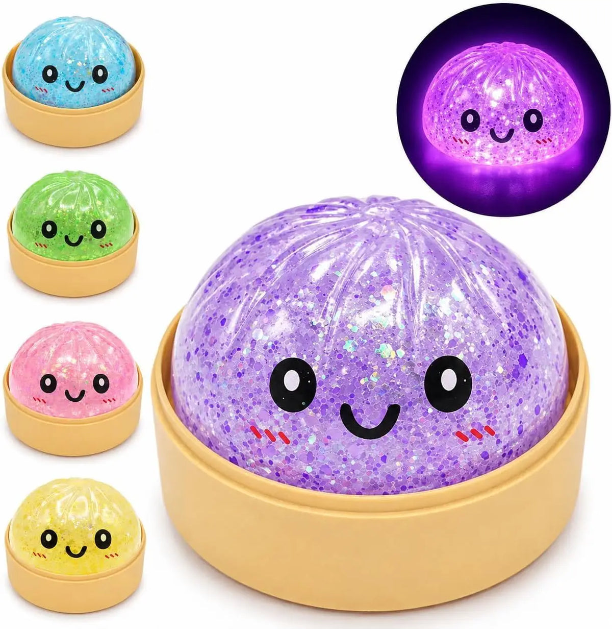 Glow dumpling squishy in its bamboo steamer tin, with the other colours
