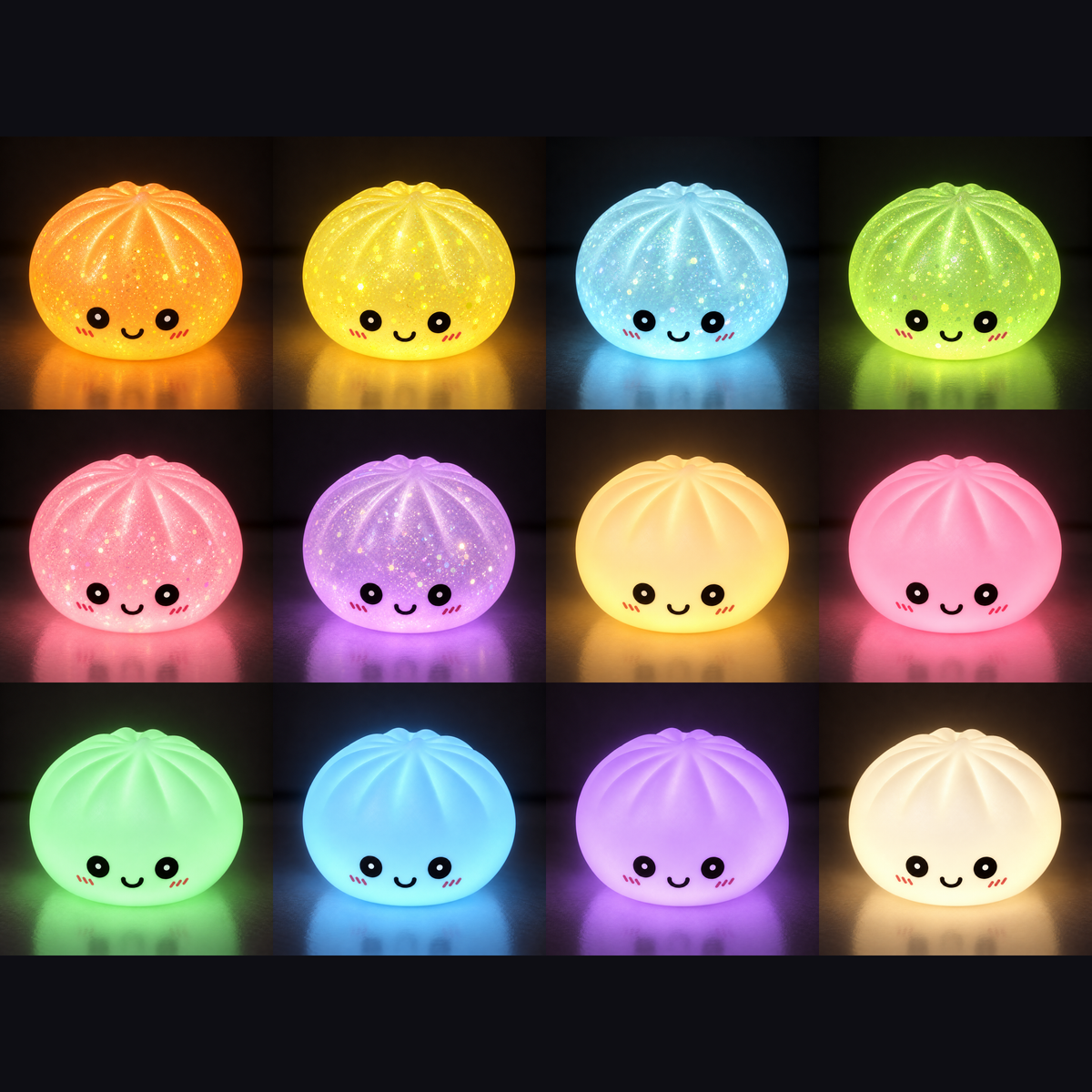 All twelve glow dumpling squishy designs, six glitter and six solid, lit up in a dark room
