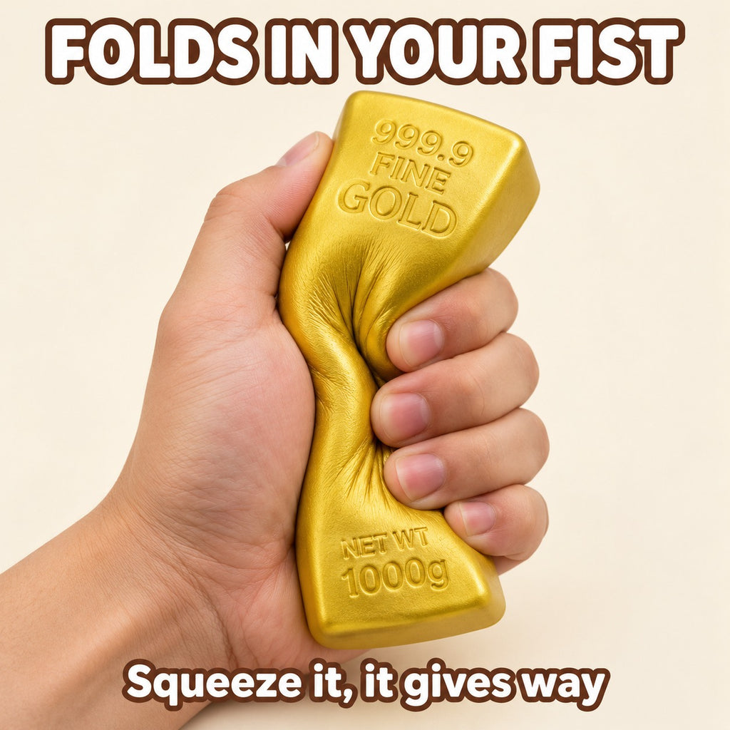 Hand squeezing the gold bar squishy until it folds in the fist, text Folds in your fist