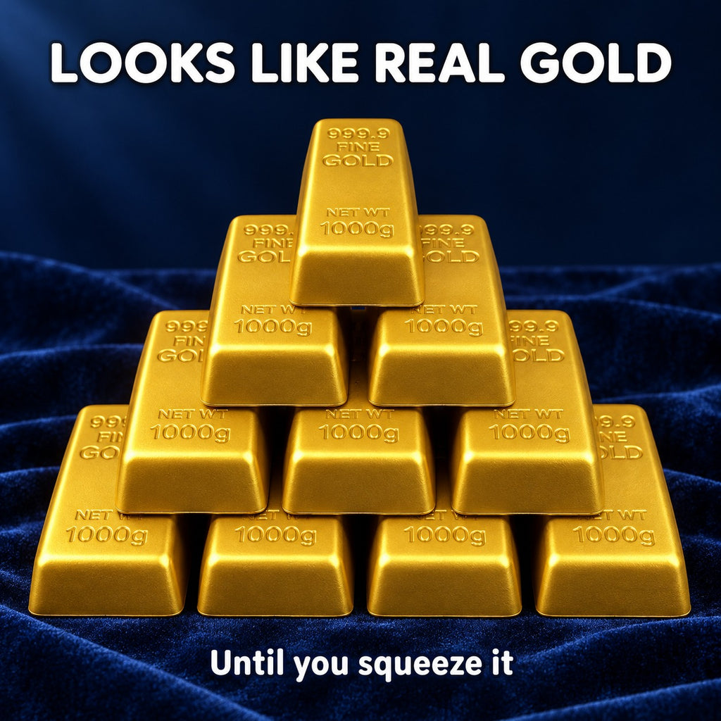 Stack of gold bar squishies stamped 999.9 Fine Gold on navy velvet, text Looks like real gold