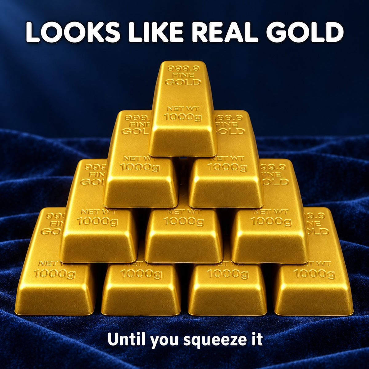 Stack of gold bar squishies stamped 999.9 Fine Gold on navy velvet, text Looks like real gold