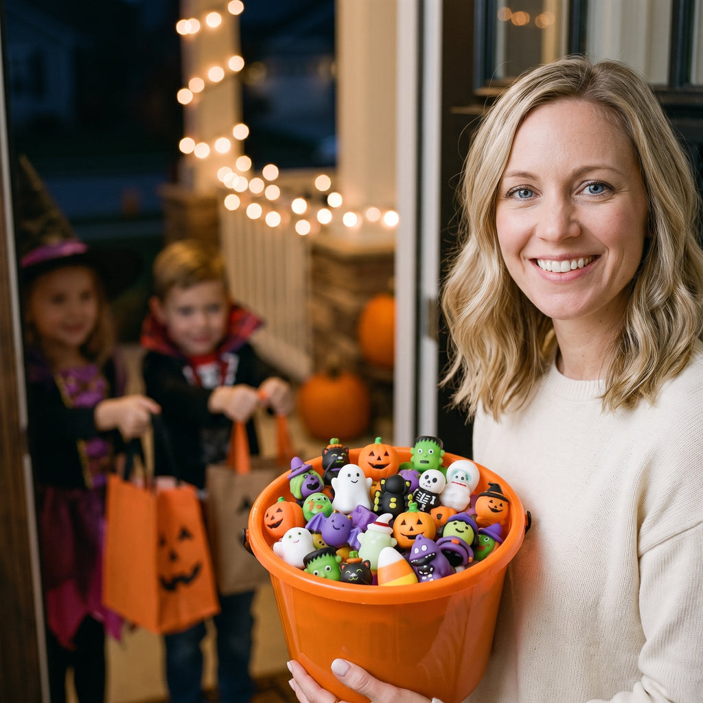 A mother at her front door on Halloween night holding an orange bucket filled with mini Halloween squishies, two costumed children waiting behind her with treat bags