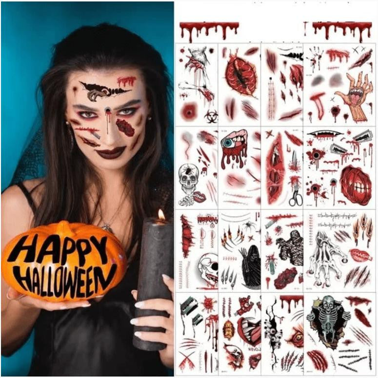 Halloween Temporary Tattoos - Realistic Face & Body Decals, 16 Tattoos