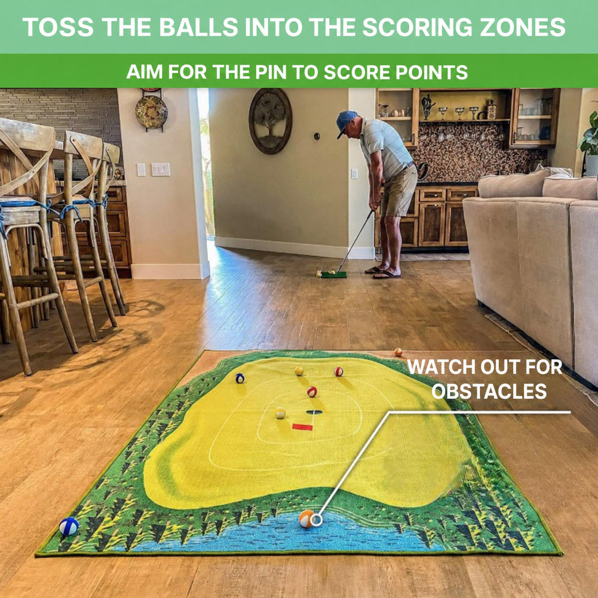 Indoor Golf Mat Game with Obstacles and Scoring Zones