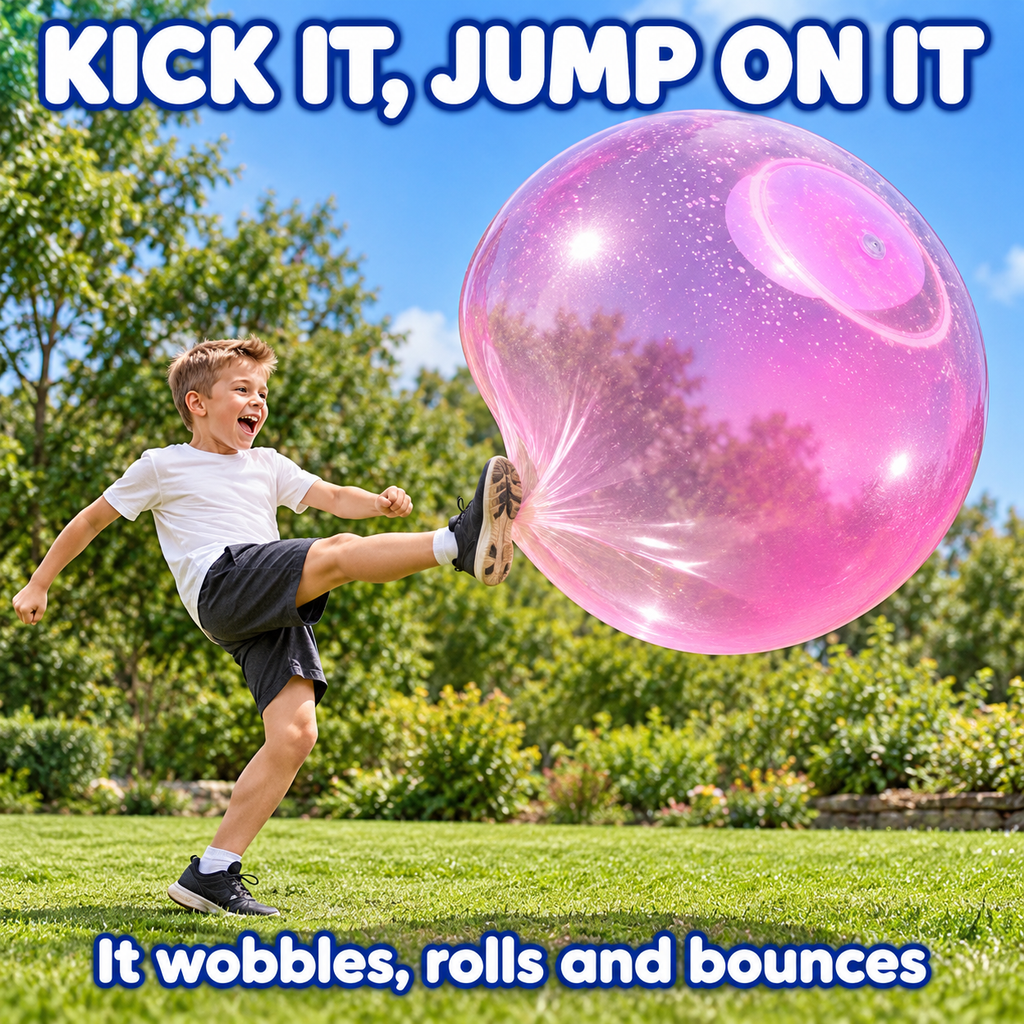 Boy kicking a pink bubble ball, it wobbles and bounces