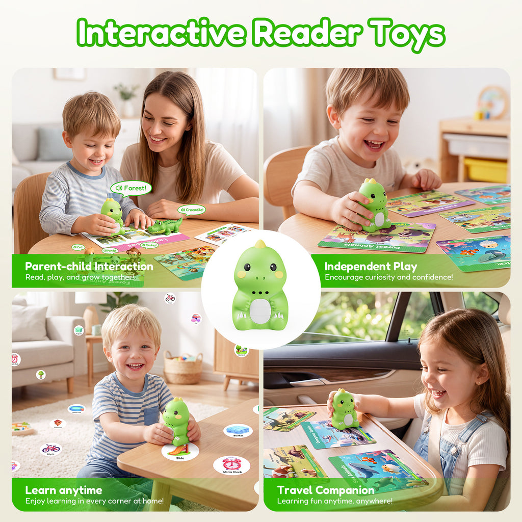 Four scenes of children and parents learning English with the green dinosaur reader: reading together, playing alone, learning at home and on the go