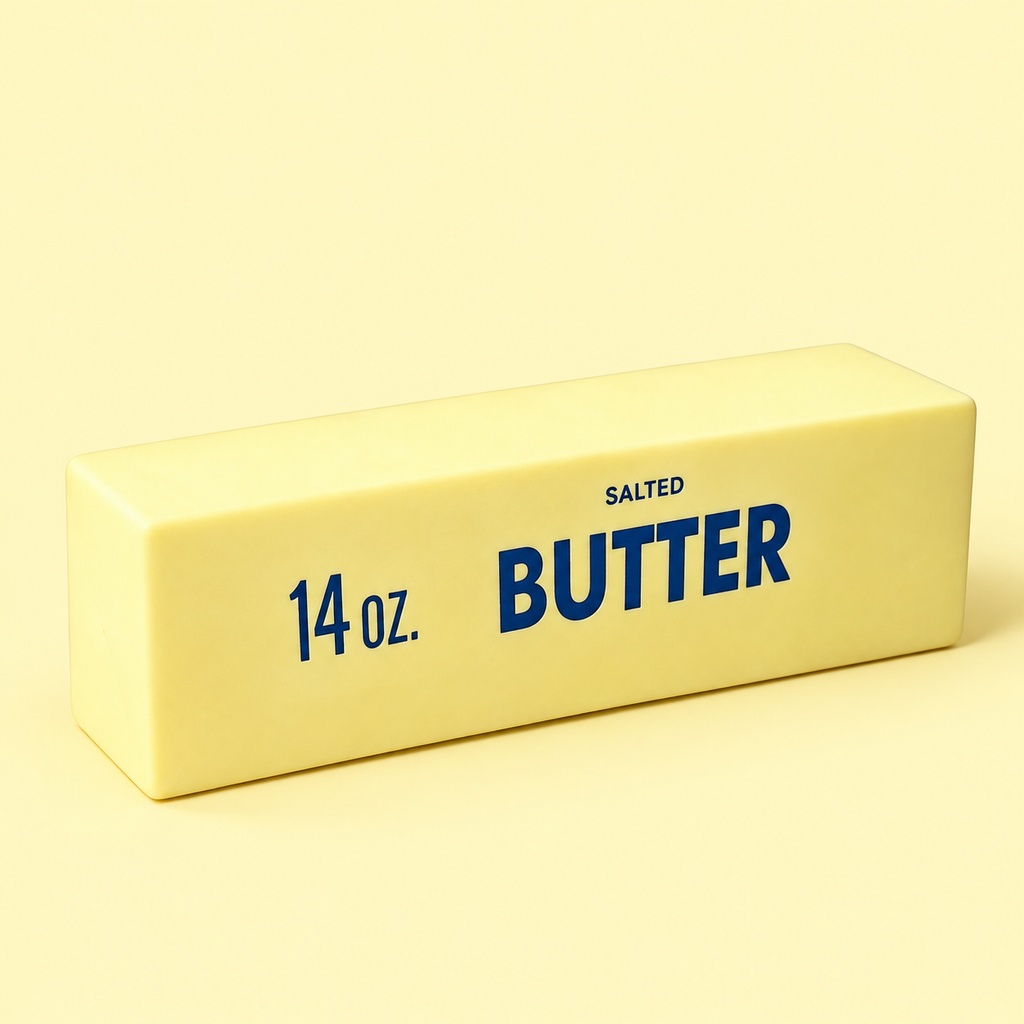 Jumbo butter squishy, a giant 9.5 inch yellow butter stick on a plain yellow background