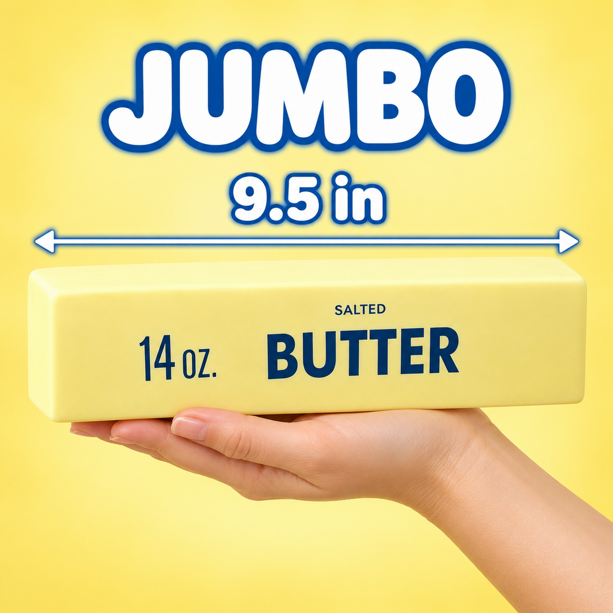 Jumbo butter squishy in hand with a size arrow: 9.5 inches long