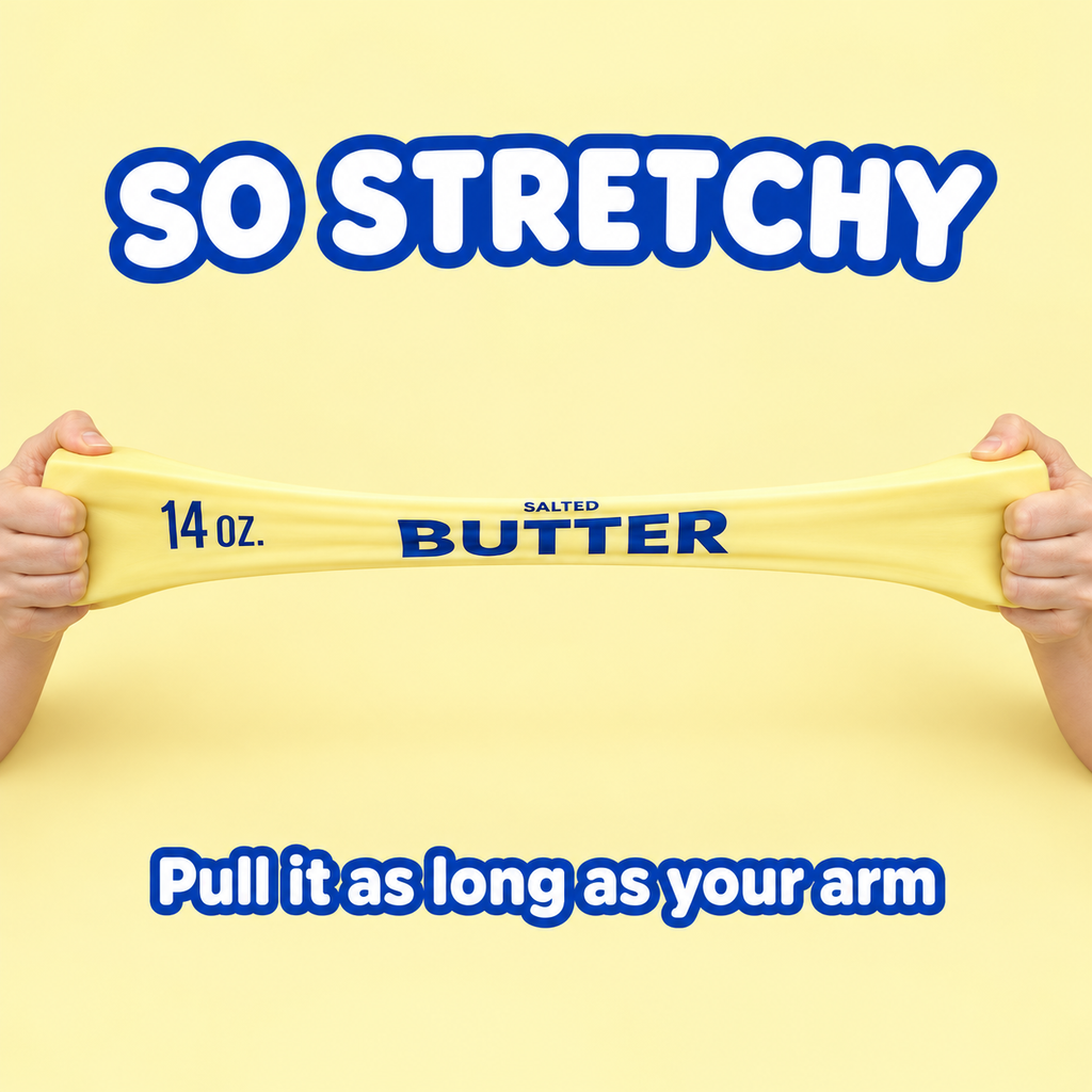 Two hands stretching the jumbo butter squishy into a long band: so stretchy