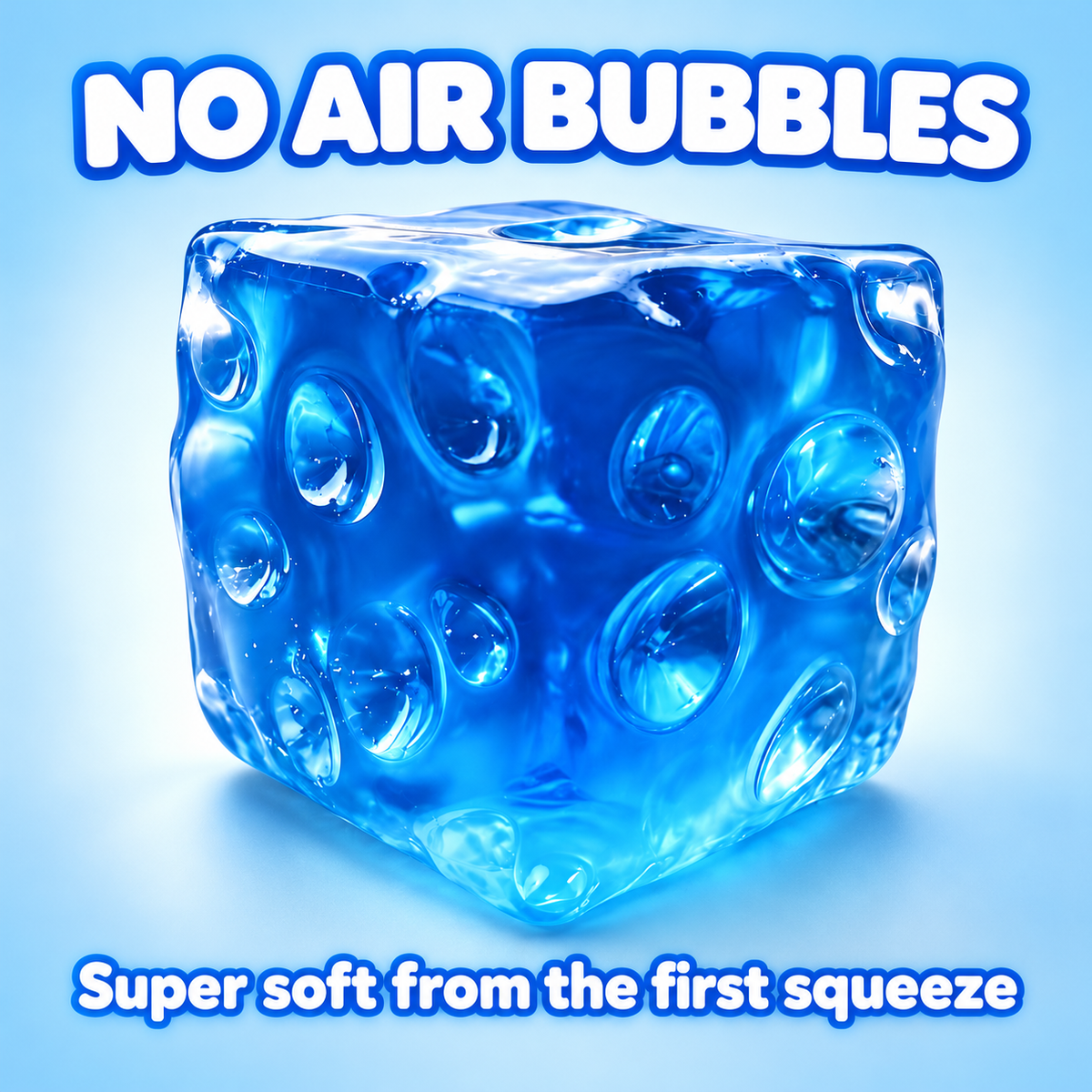 Jumbo clear blue jelly cheese cube squishy, 2.8 in: no air bubbles, super soft from the first squeeze