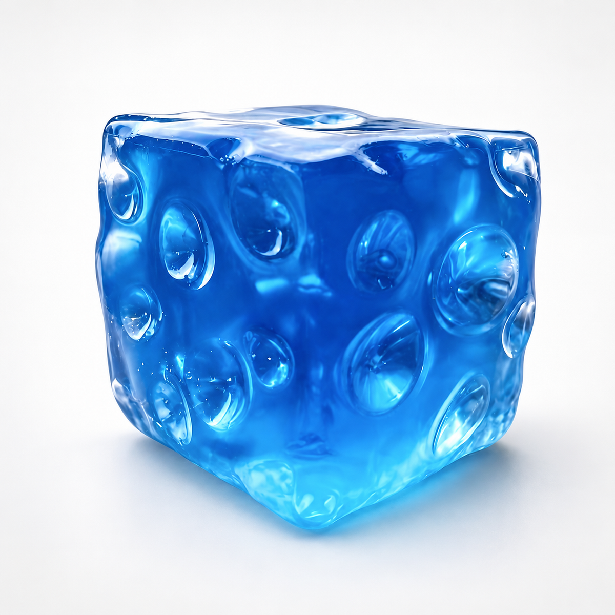 Jumbo clear blue jelly cheese cube squishy, about 2.8 in, with holes on every side