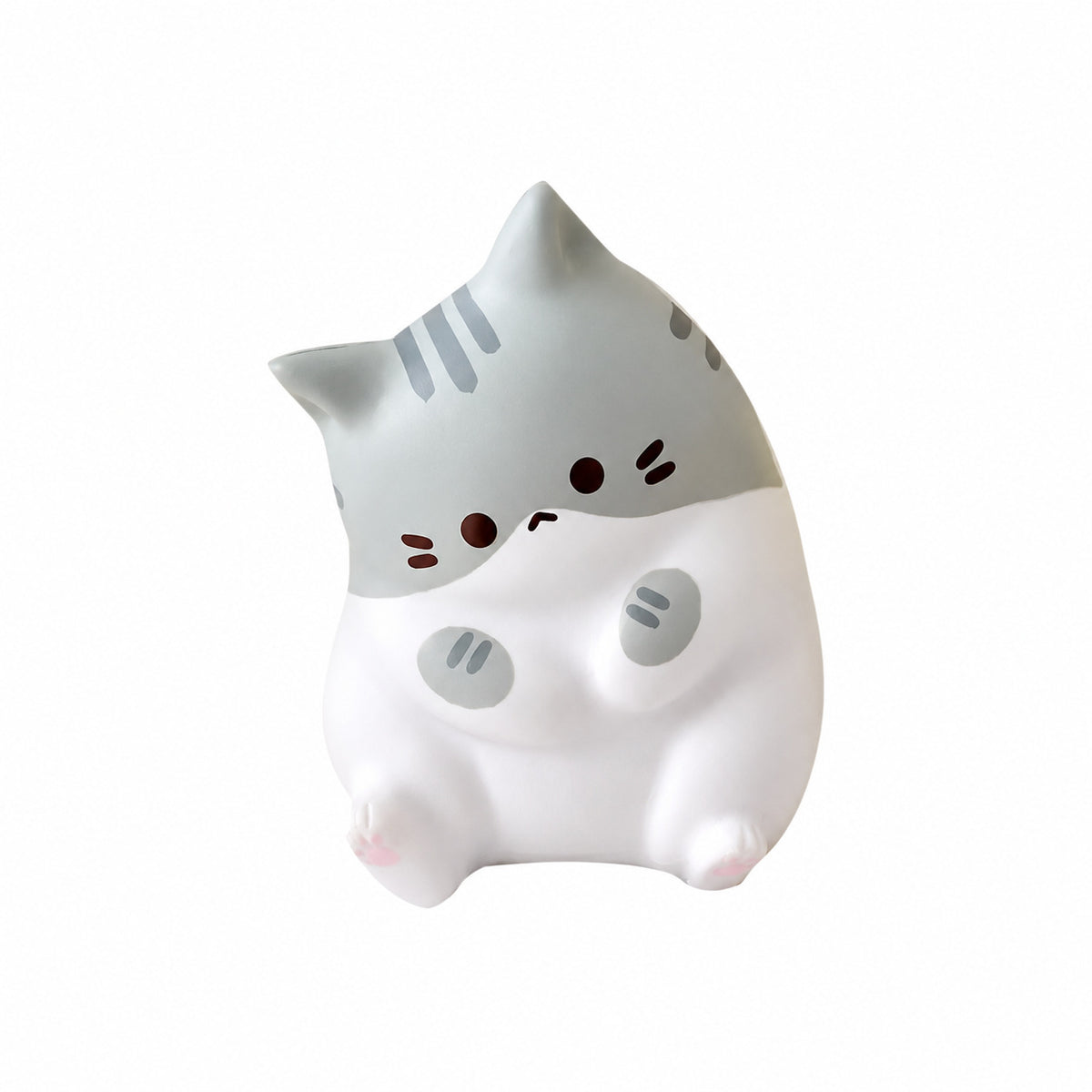 Grey tabby kawaii cat squishy sitting up, white background